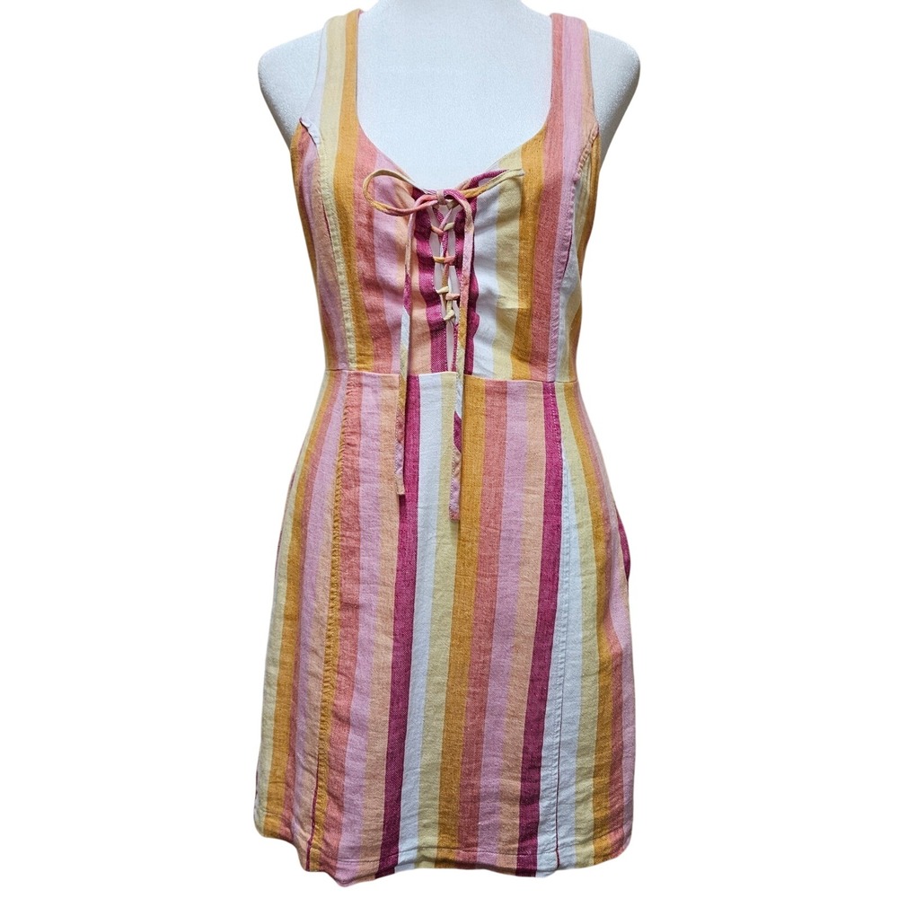 NWT Forever 21 Linen Blend Pink Orange White Striped Mini Dress Size Small